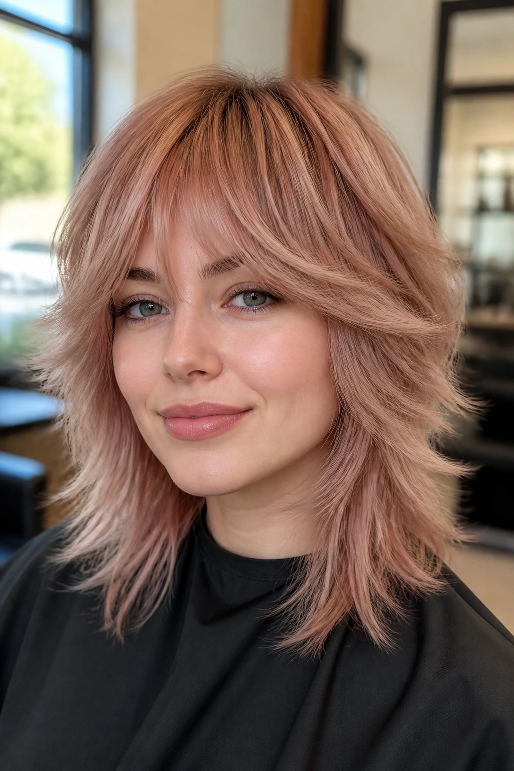 Close-up portrait of a real woman with a rose beige layered shag hairstyle