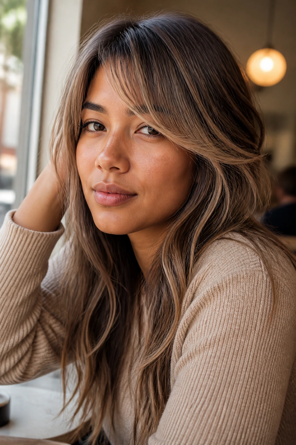 Close-up portrait of a real woman with rose beige highlights around bangs on tan-olive skin.