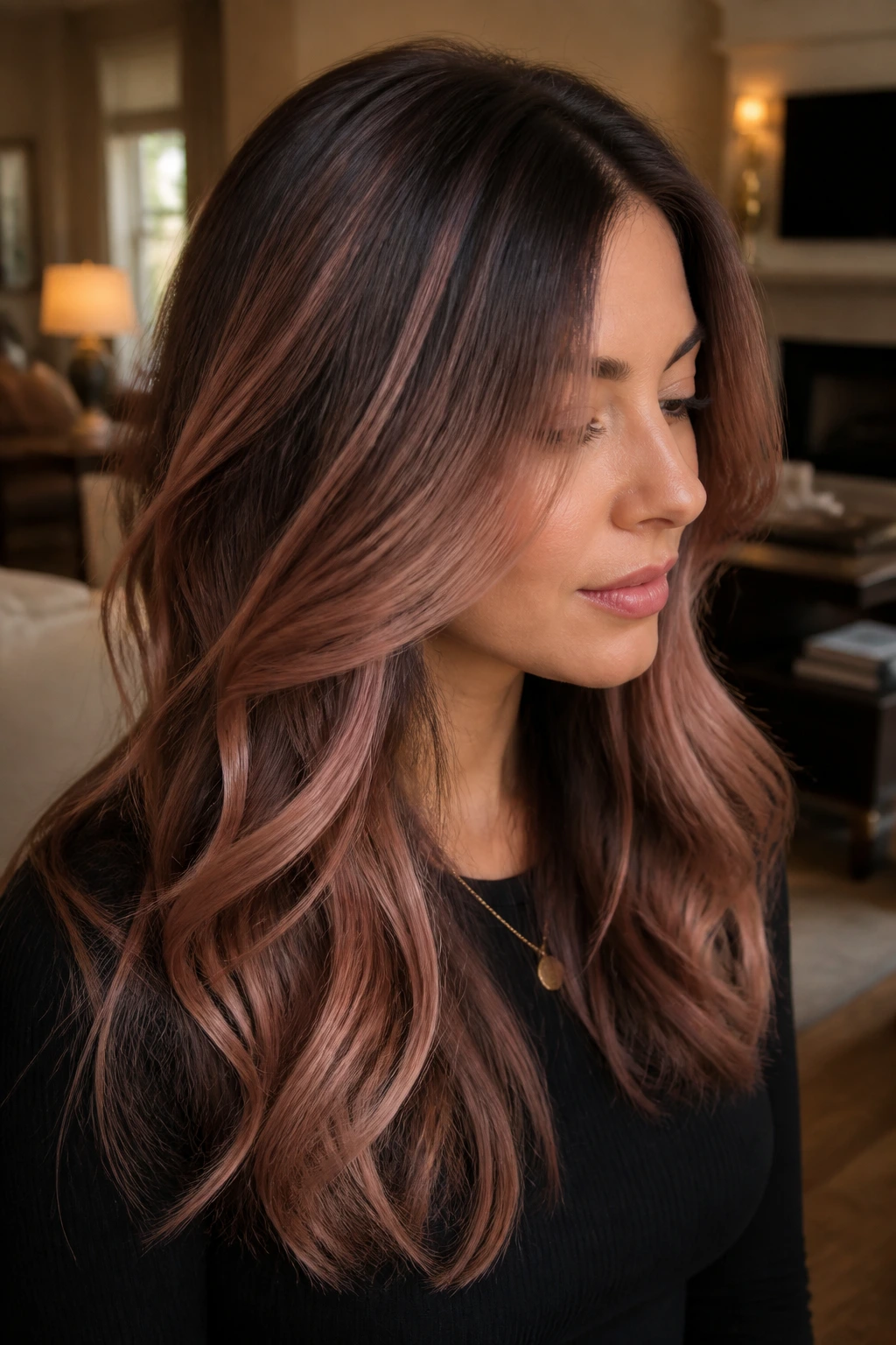 Portrait of brunette with rose-blonde layered hair brushed-out for a soft blush.