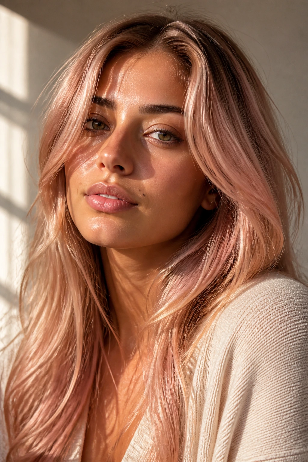 Close-up portrait of a real person with Desert Rose Blonde in dusty rose-beige tones under soft window light