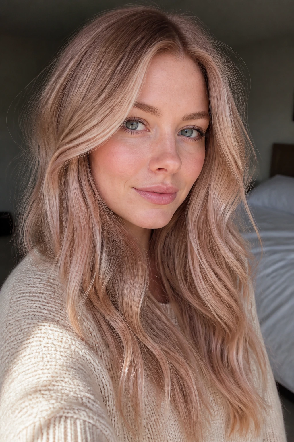 Close-up of a real woman with soft rose blonde hair and vanilla lowlights in natural light