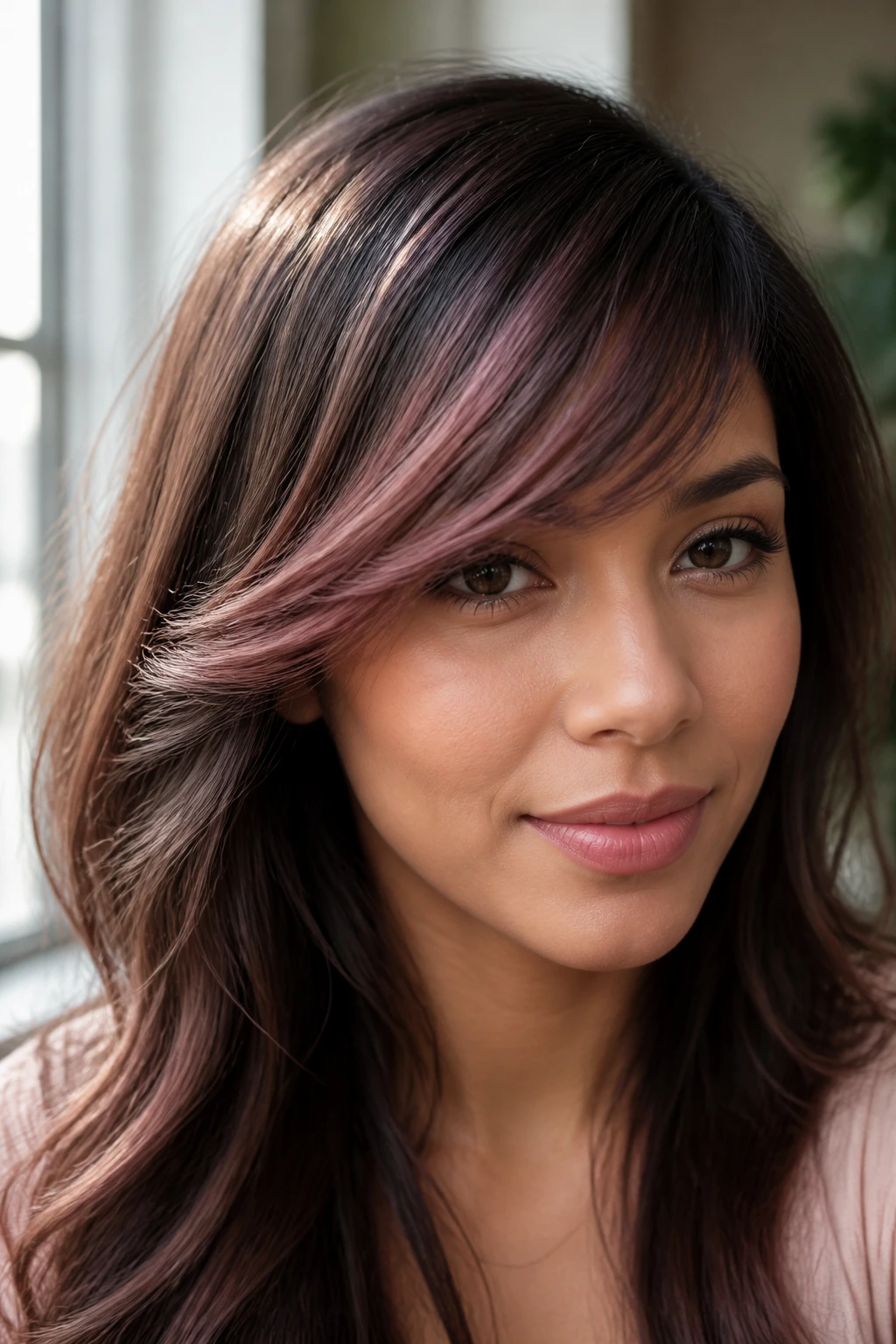 Close-up of brunette with rose brown overlay on side-swept bangs under soft indoor light
