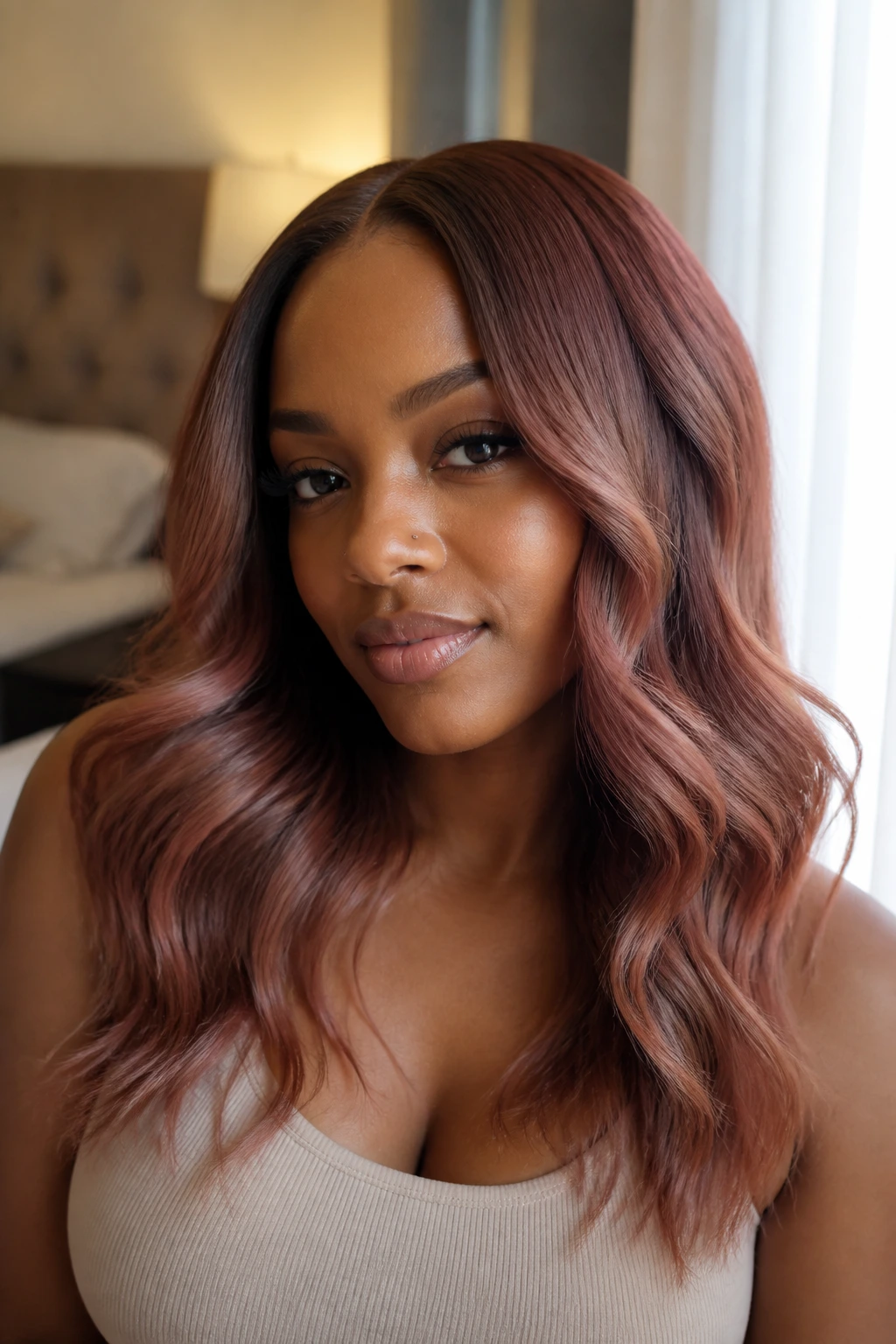 Close-up portrait of a real woman with rose brown hair and soft waves by a sunlit window