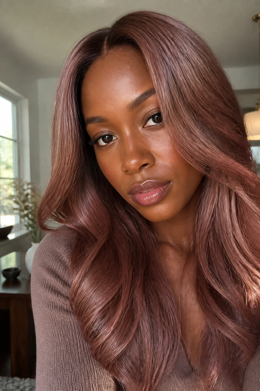 Close-up portrait of rose brown hair with soft pink undertones