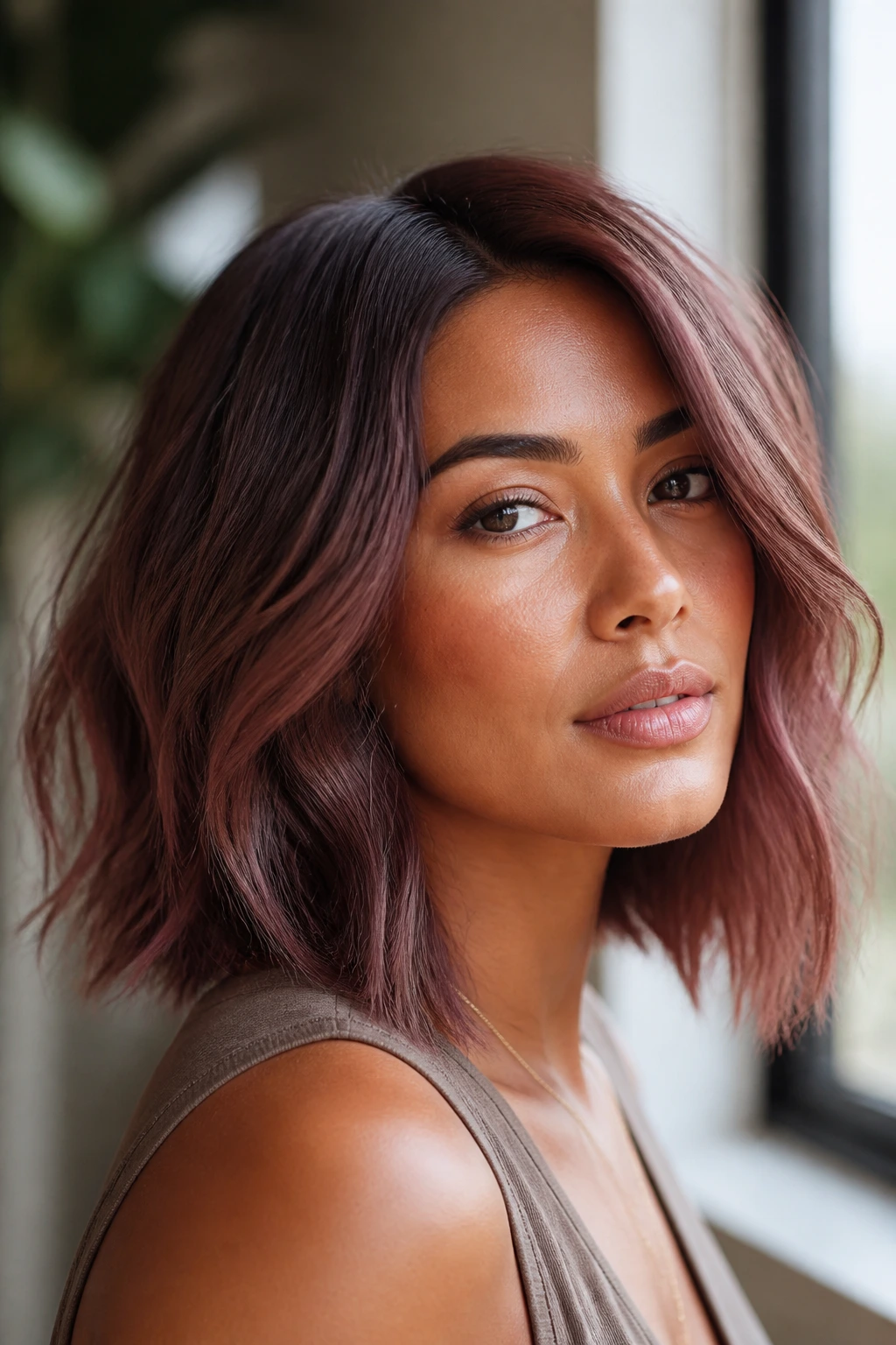 Close-up of a real woman with rose brown textured lob in soft interior light
