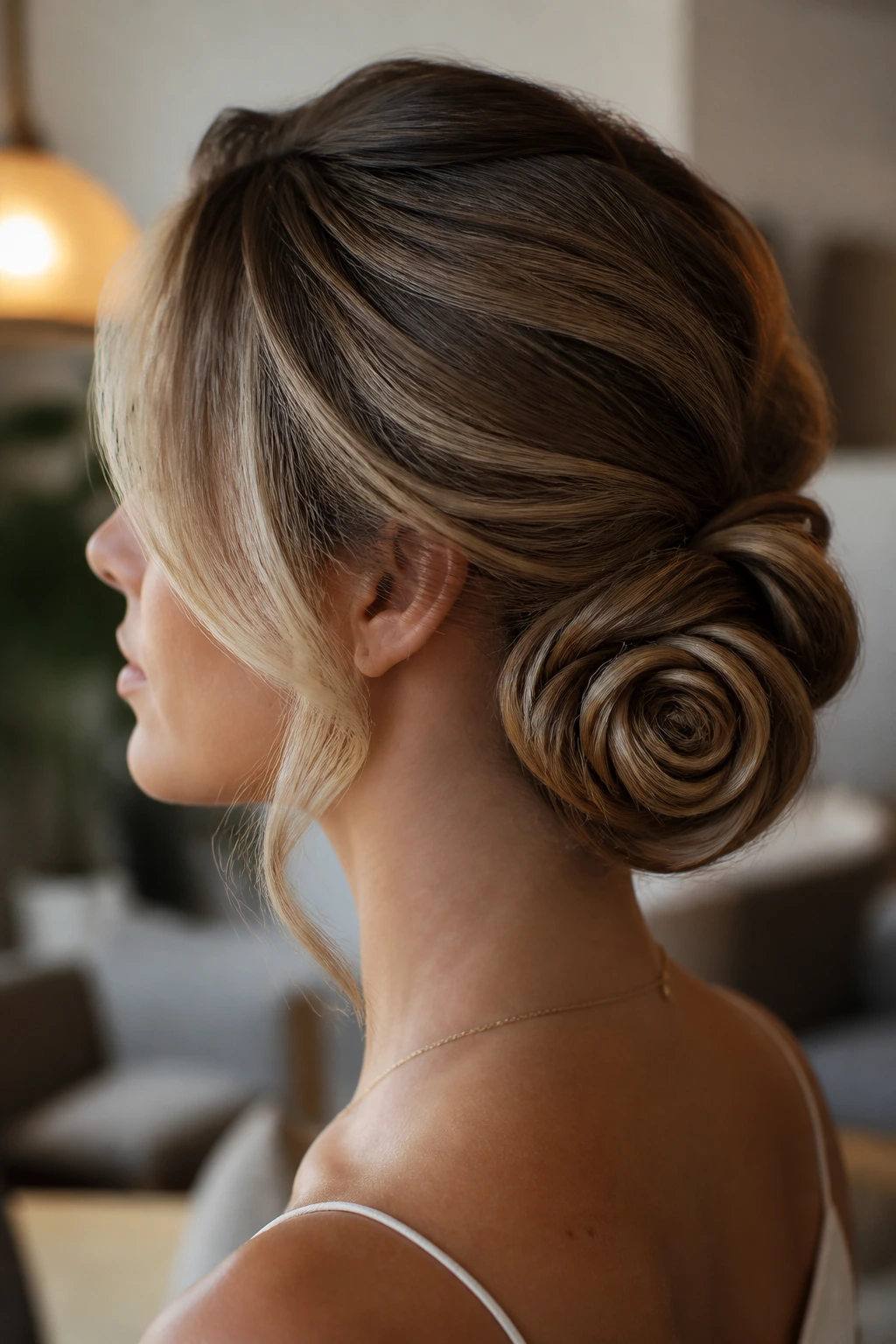 Real person with a rose bun made from coiled sections and a soft money piece