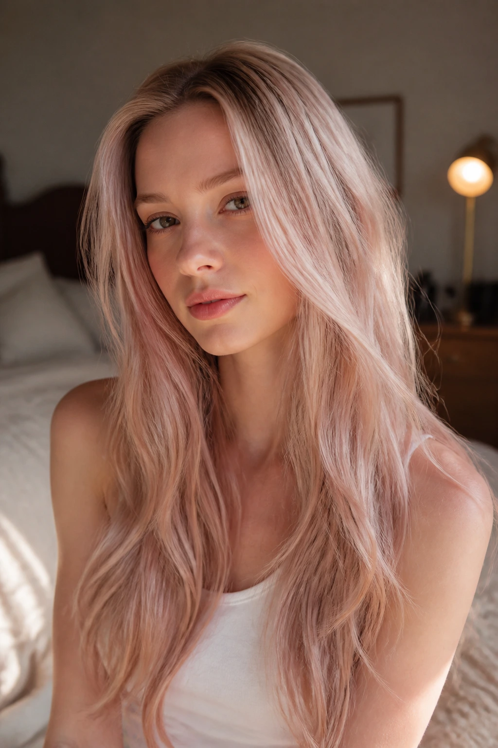 Close-up of a real woman with rose champagne blonde hair and a soft pink cast in warm window light.