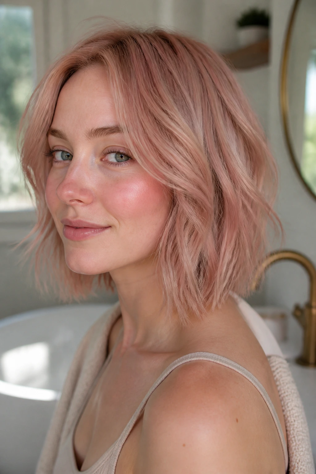 Close-up portrait of a real person with rose champagne blonde and rosy flush.