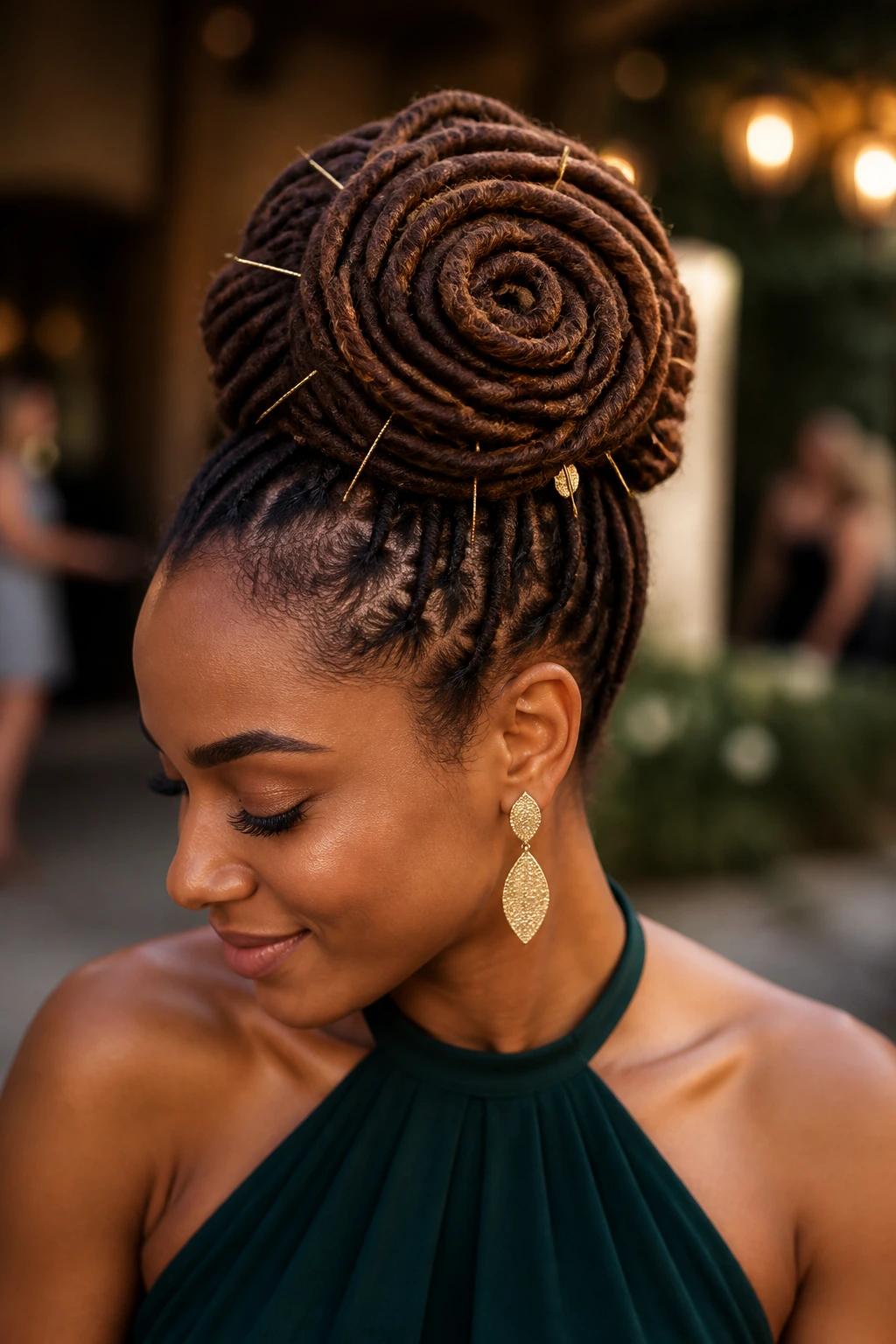 Rose coil bun with spiral locs and spokes-like pins.