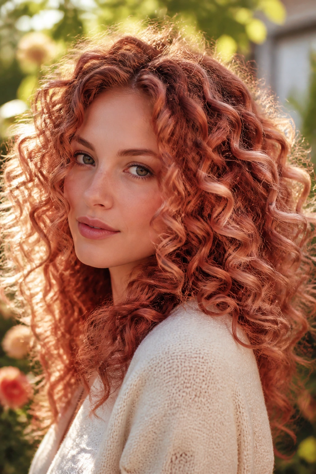 Close-up of a real woman with rose-copper curls showing rose-copper on raised parts of curls.