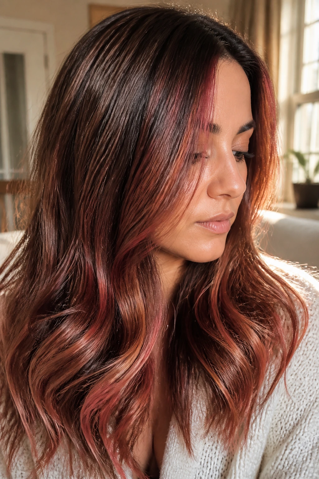 Close-up of brunette with rose copper dimension, showing depth and shine in waves.