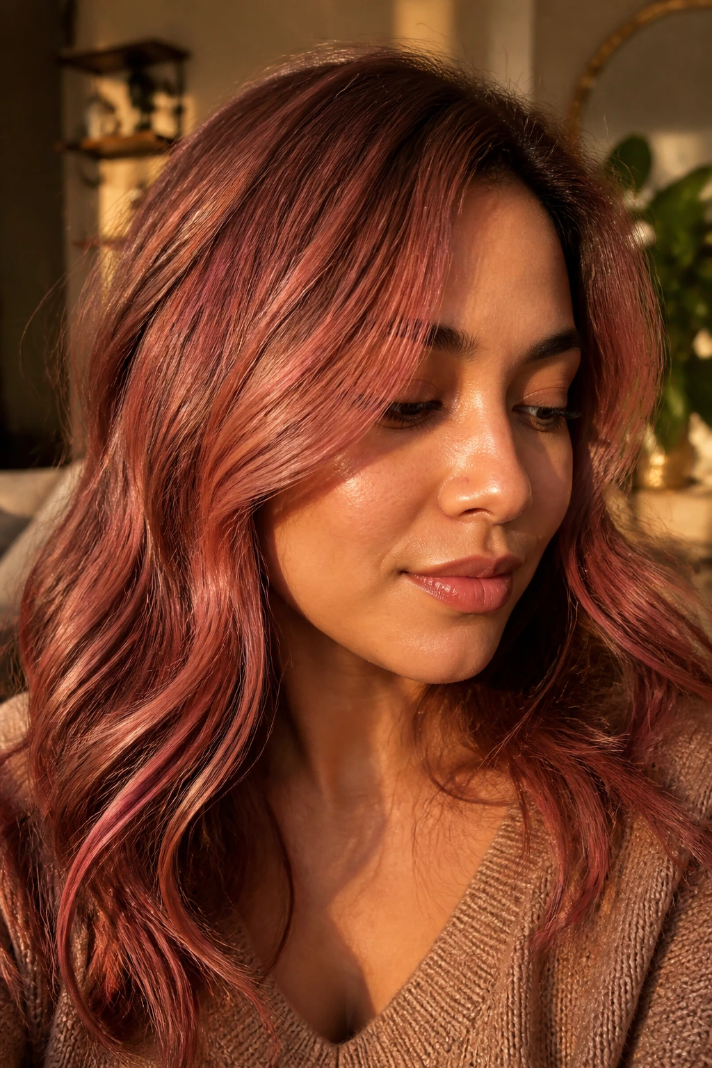 Close-up portrait of a woman with rose copper hair highlights in warm light