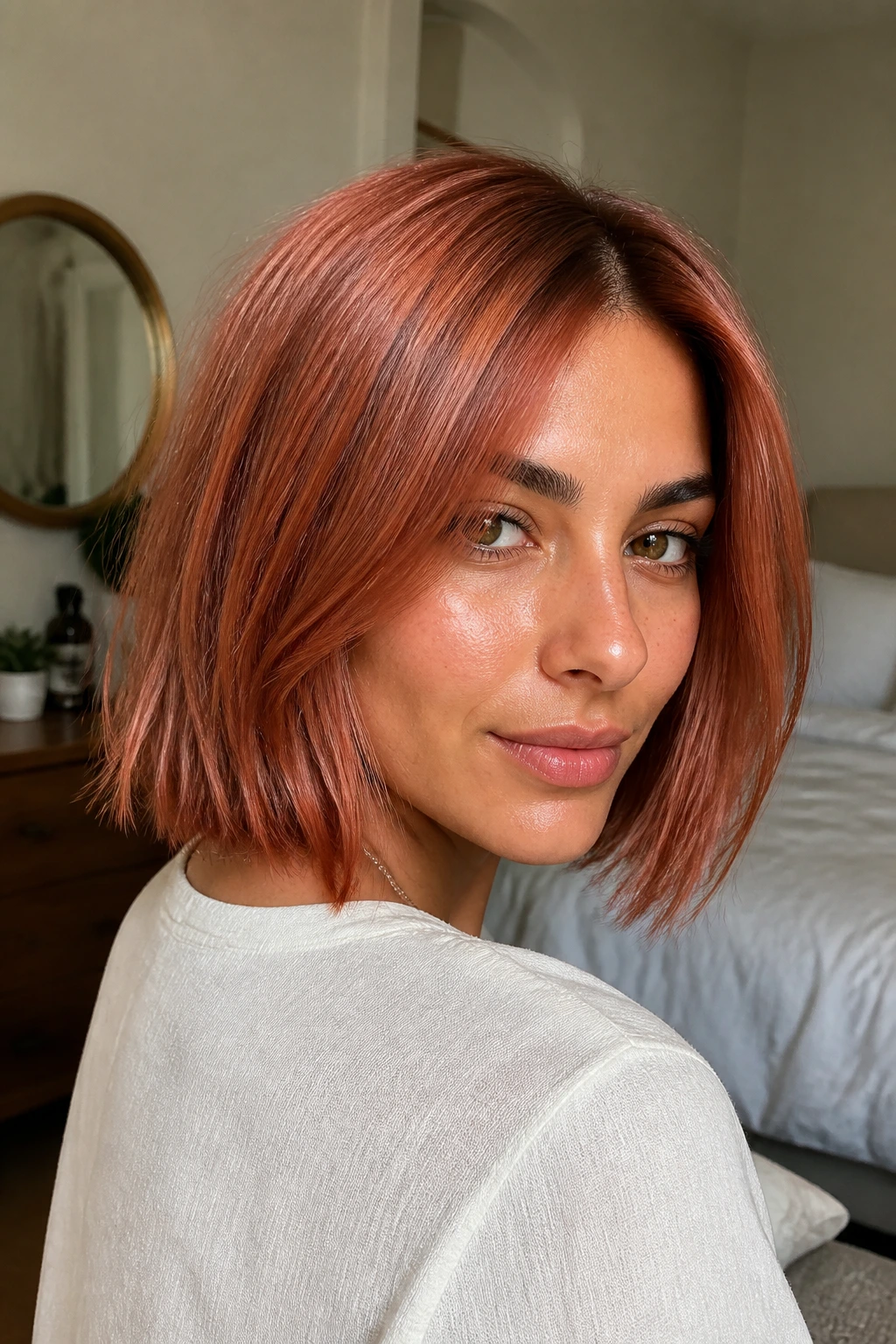 Close-up of rose copper lob with high gloss finish on real person