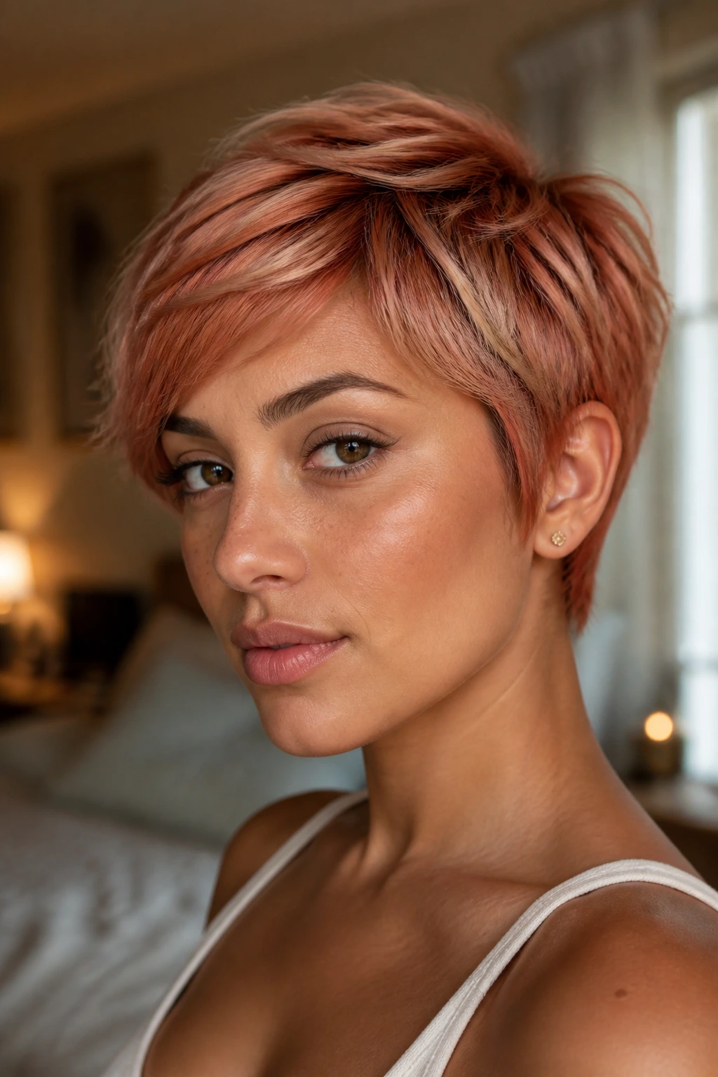 Close-up of a real woman with a rose copper pixie haircut on olive skin in warm bedroom light