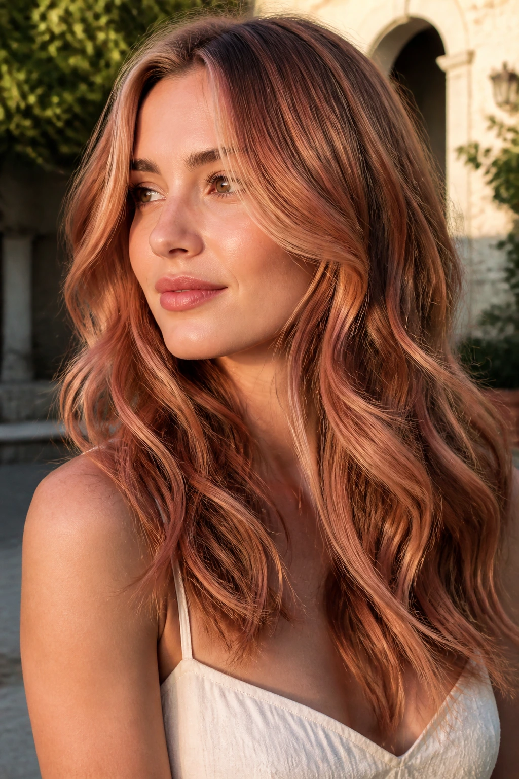 Close-up of rose copper ribbon highlights in hair on a real person