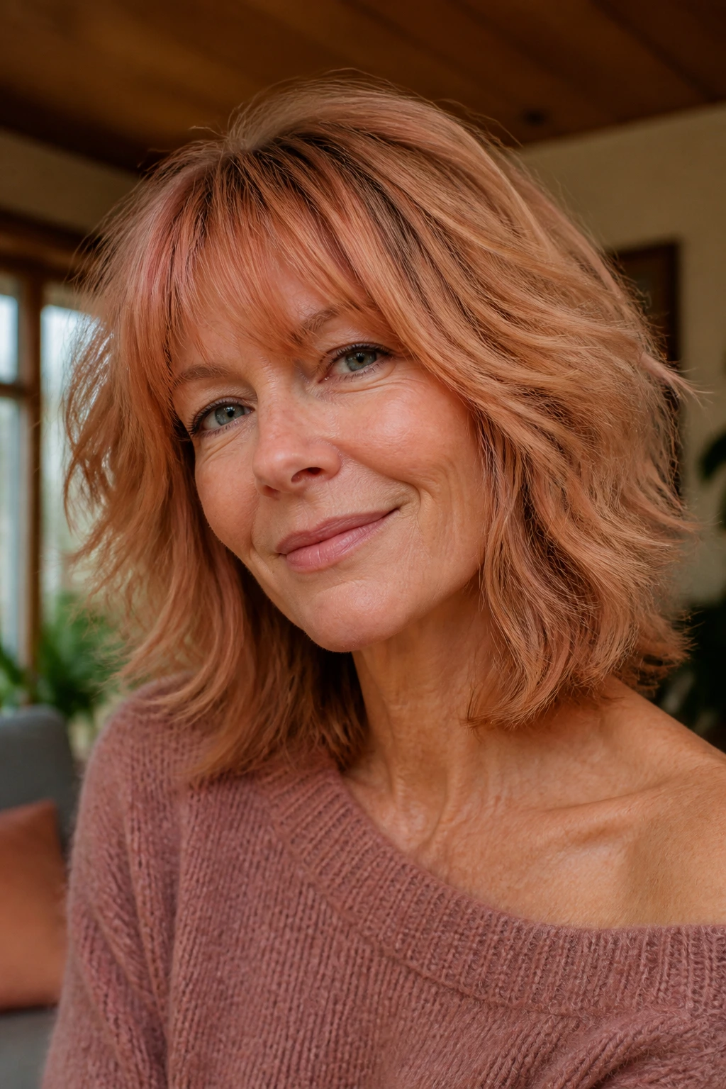 Close-up portrait of a real woman with rose-copper shag hair in warm window light
