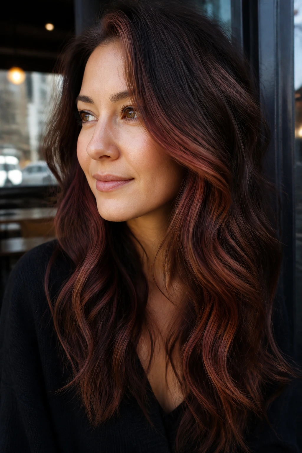 Walnut hair with rose-copper sheen reflecting on curls.