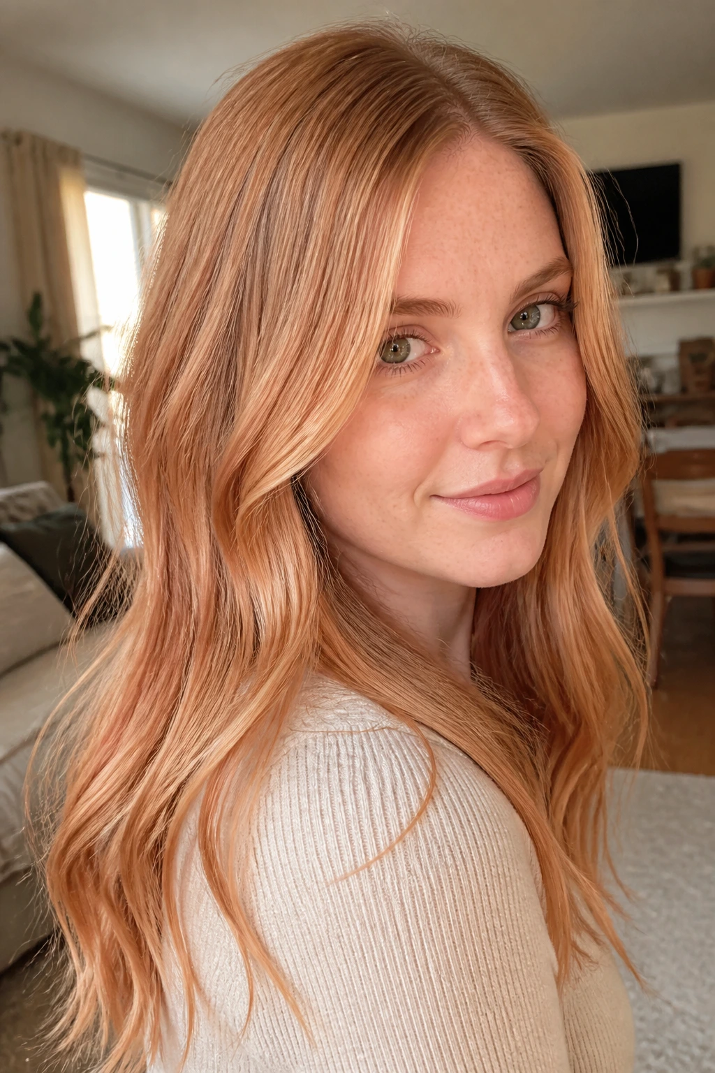 Close-up of a real woman's hair showing rose copper tones on a pale blonde base
