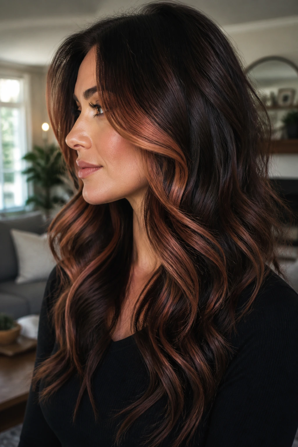Real woman’s hair with dark chocolate base and rose copper swoops around the face.