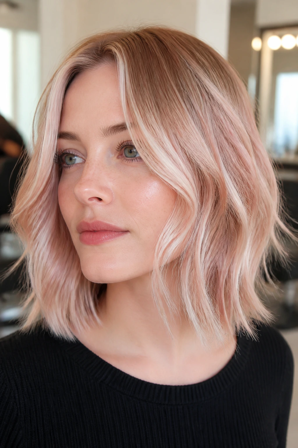 Close-up portrait showing rosé glow on a lob on a real woman