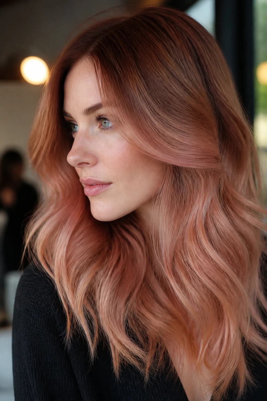 Portrait of a real woman with rose gold auburn fade hair color.