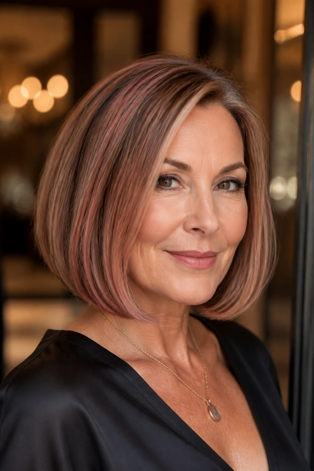 Close-up of a real woman with a polished evening bob and rose-gold babylights