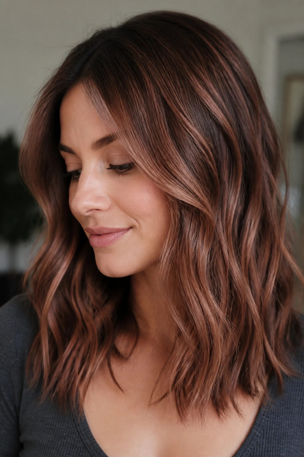 Close-up of brunette shoulder-length hair with rose-gold babylights.