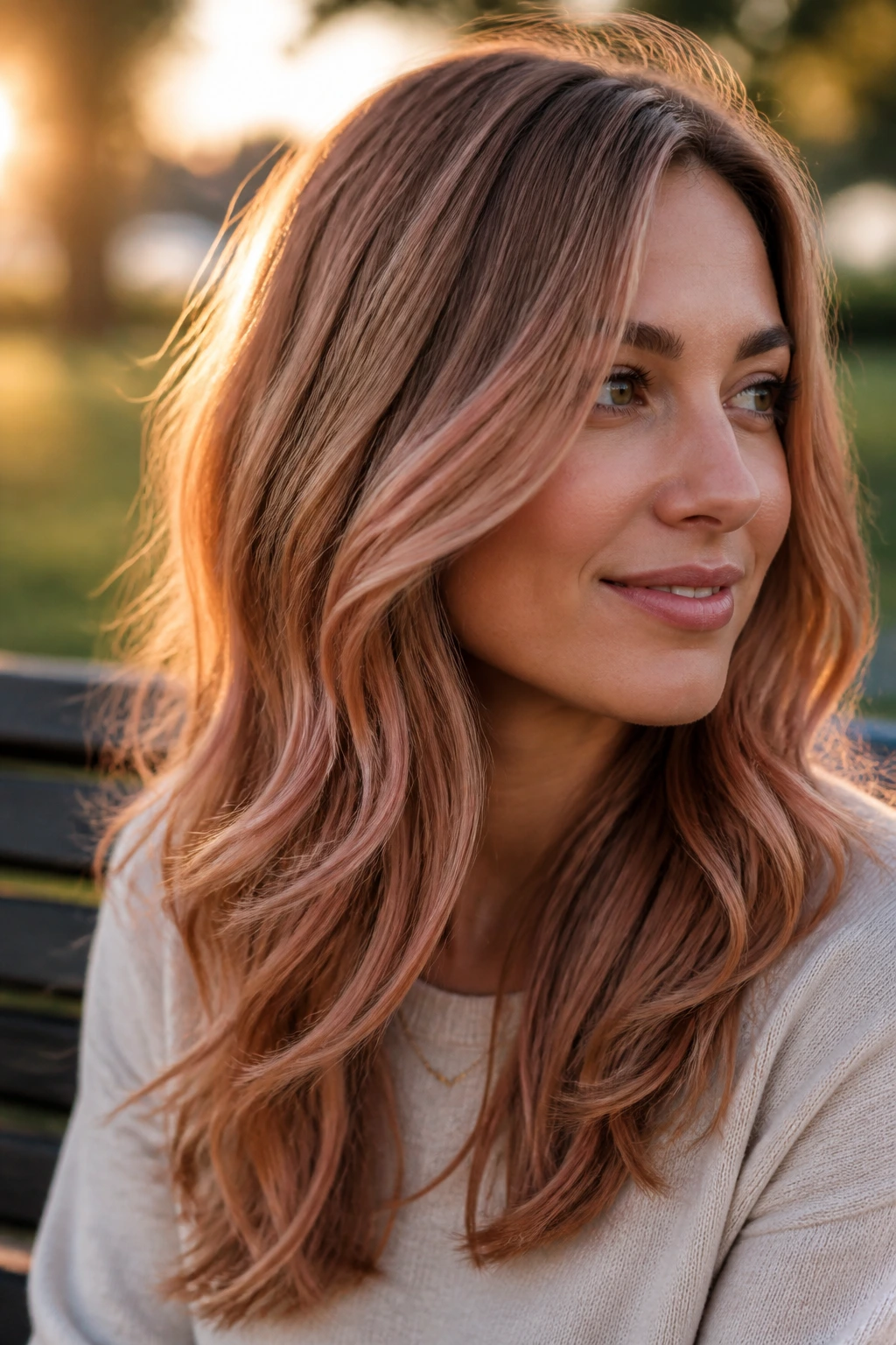 Close-up portrait of a real woman with rose-gold babylights on layered ends