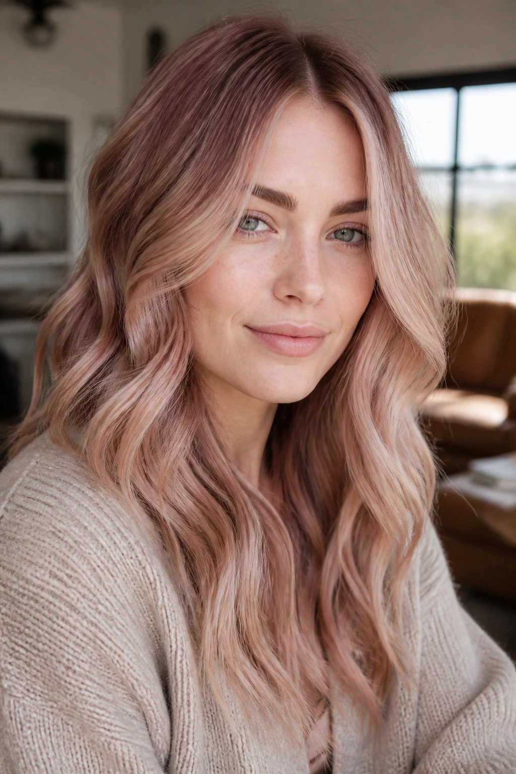 Portrait of a woman with rose gold melt balayage front pieces lighter