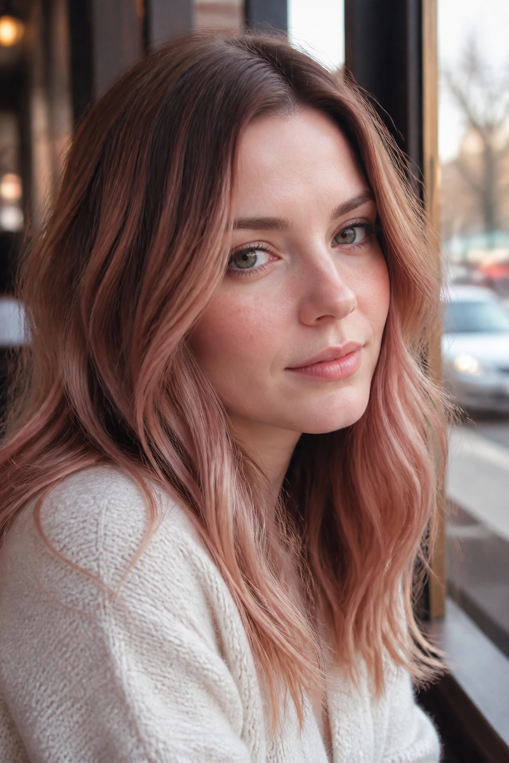 Close-up of pale-skinned woman with soft rose gold balayage in natural light