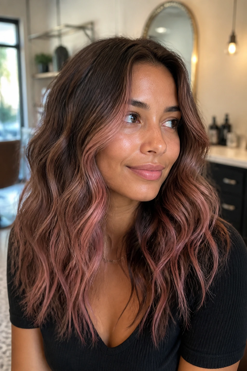 Real woman with rose-gold balayage around the face in a warm boutique salon.