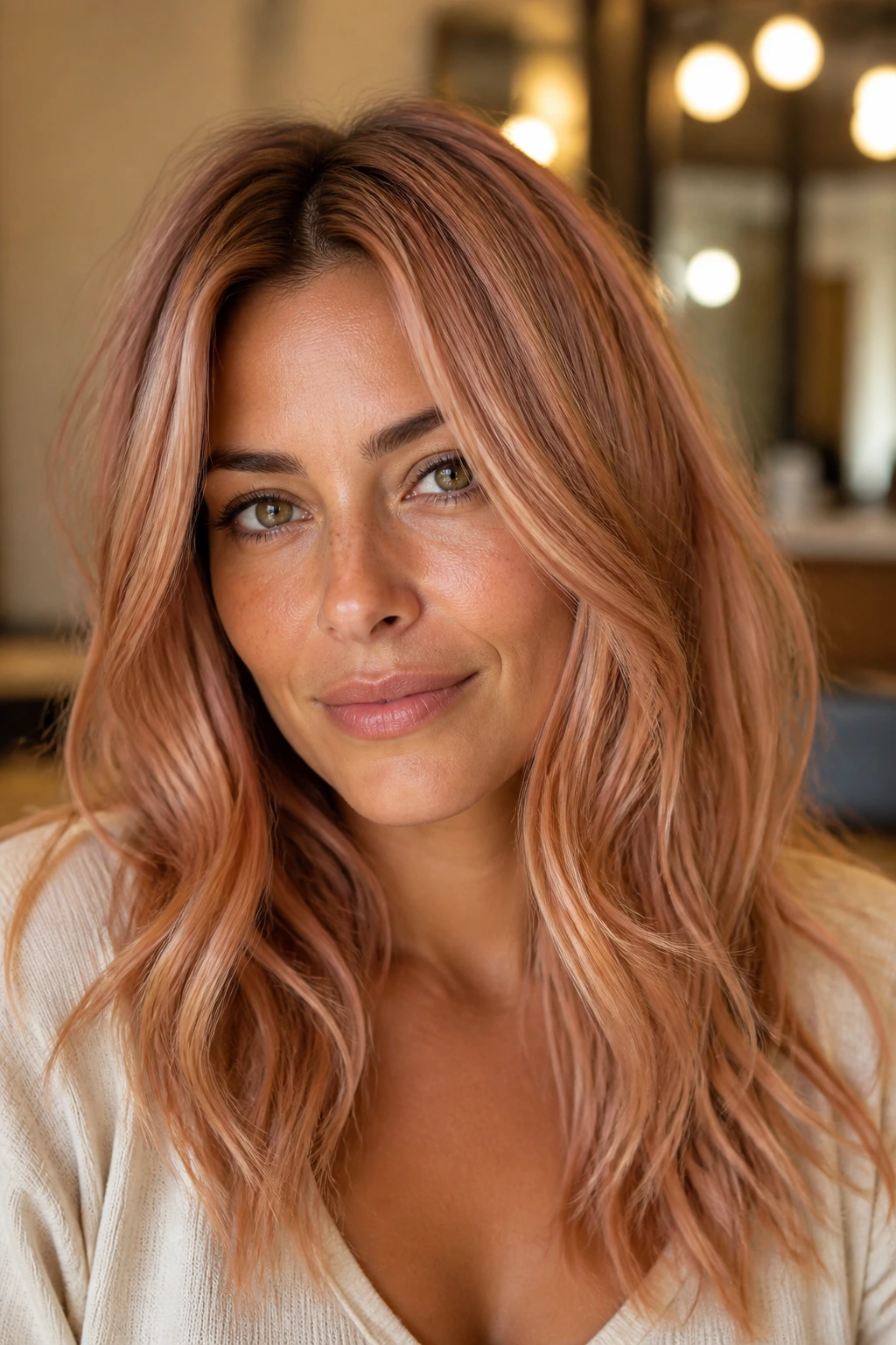 Portrait of a person with rose gold bronze blonde hair on olive skin