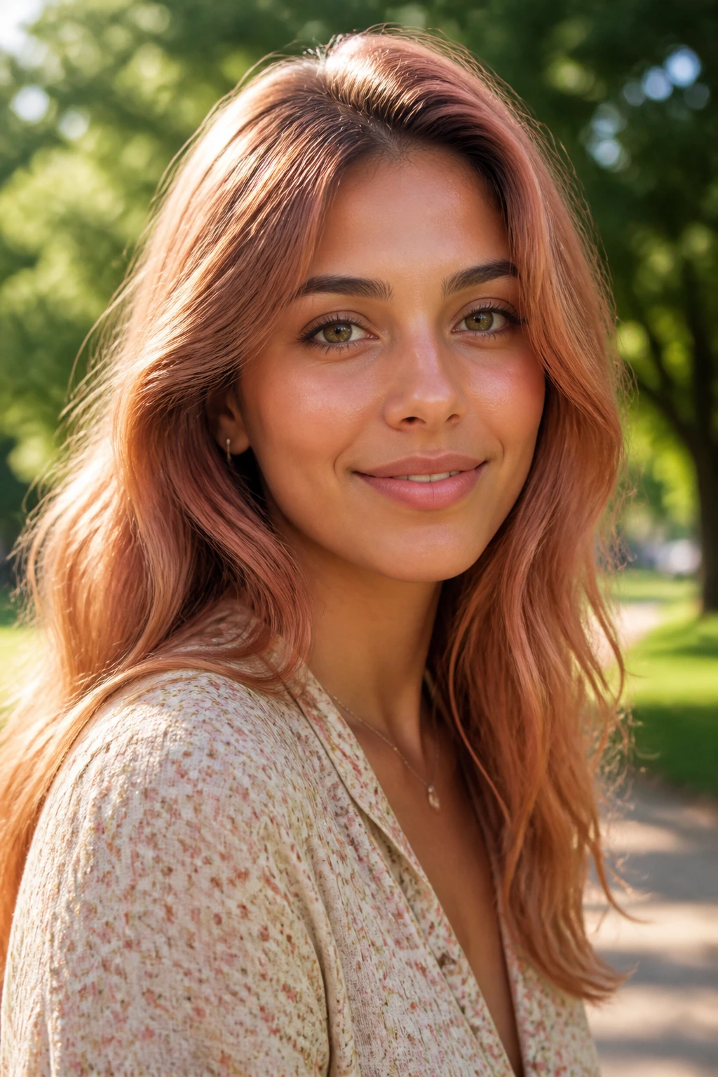 Close-up portrait of a woman with olive skin and rose-gold bronze hair in a sunny park