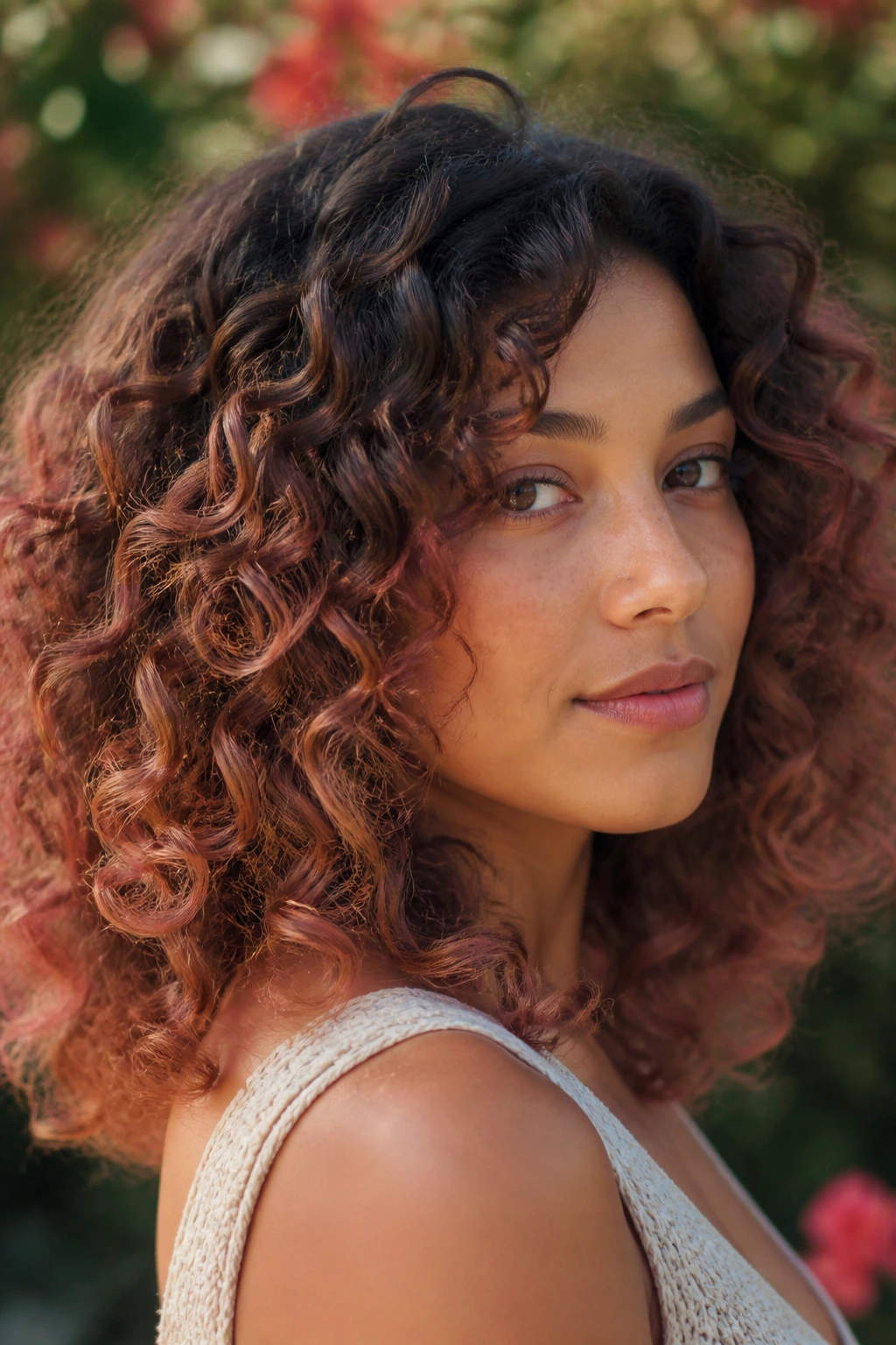 Close-up of a real person with Rose Gold Brown Balayage on curly hair