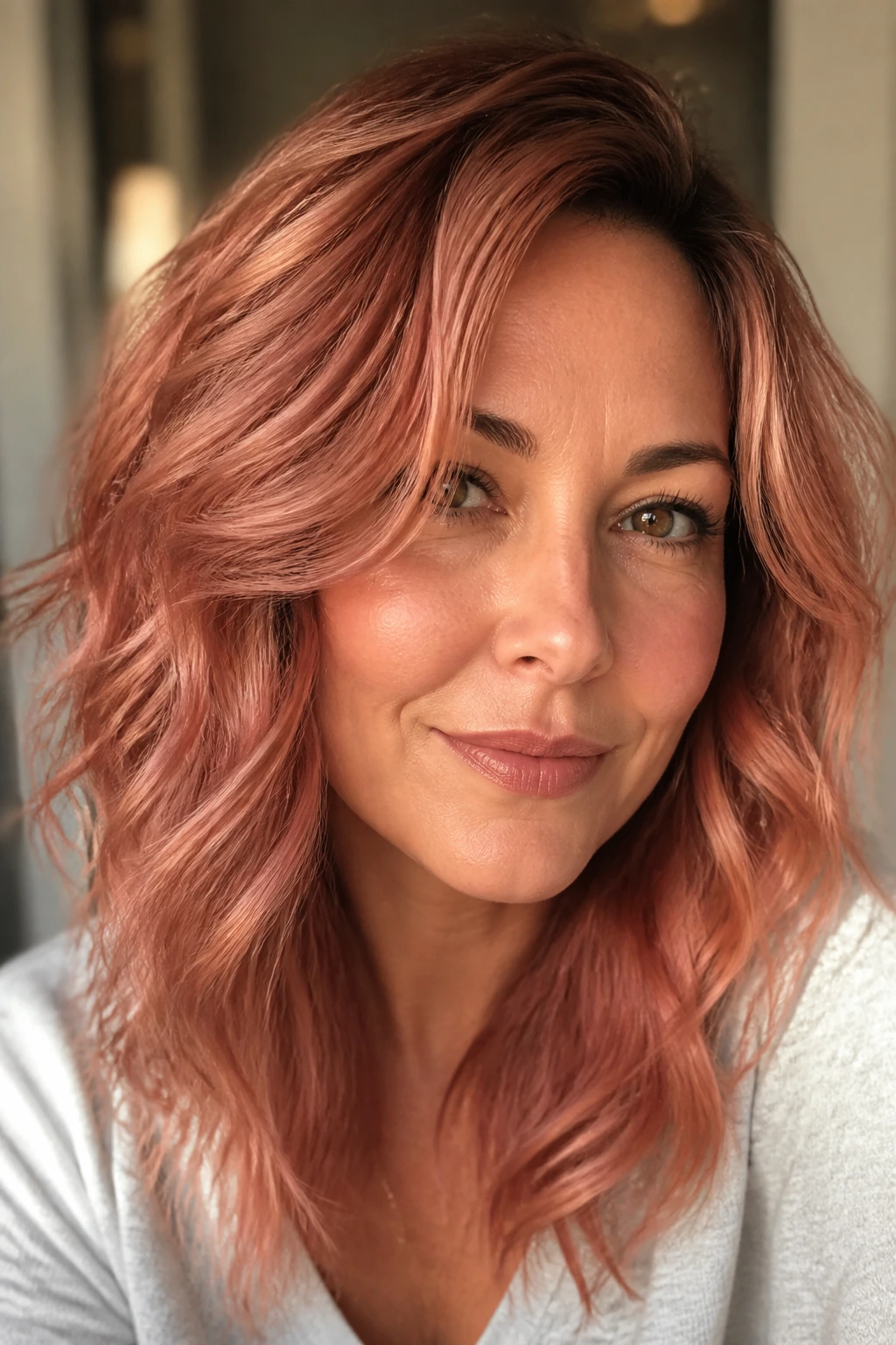 Portrait of a real person with rose gold copper hair near cheekbones.