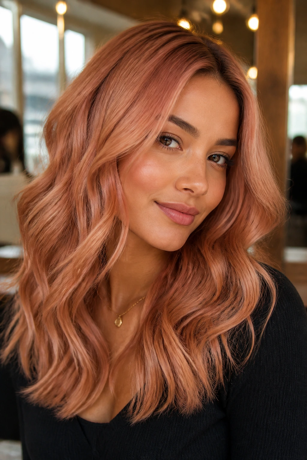 Close-up of a real woman with rose gold copper waves in warm light