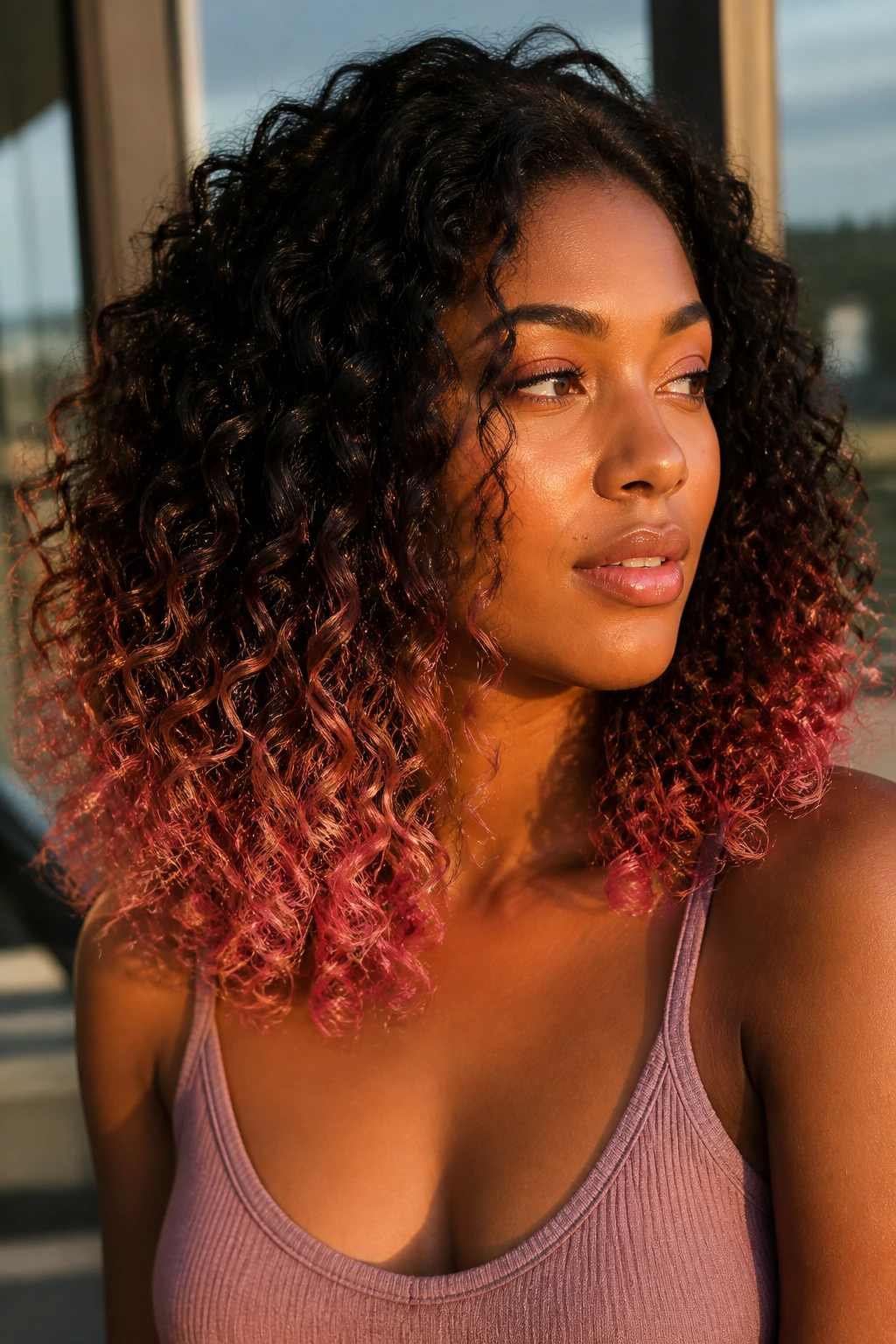 Close-up of a real person with mid-length curls and rose gold ends.
