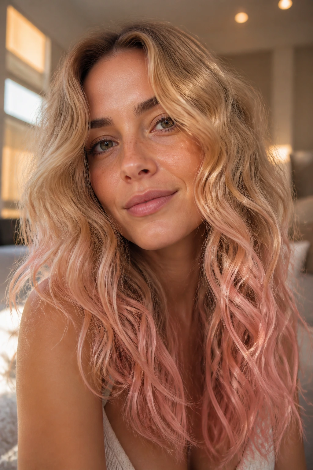 Close-up portrait of a real woman with rose gold ends and muted blonde base