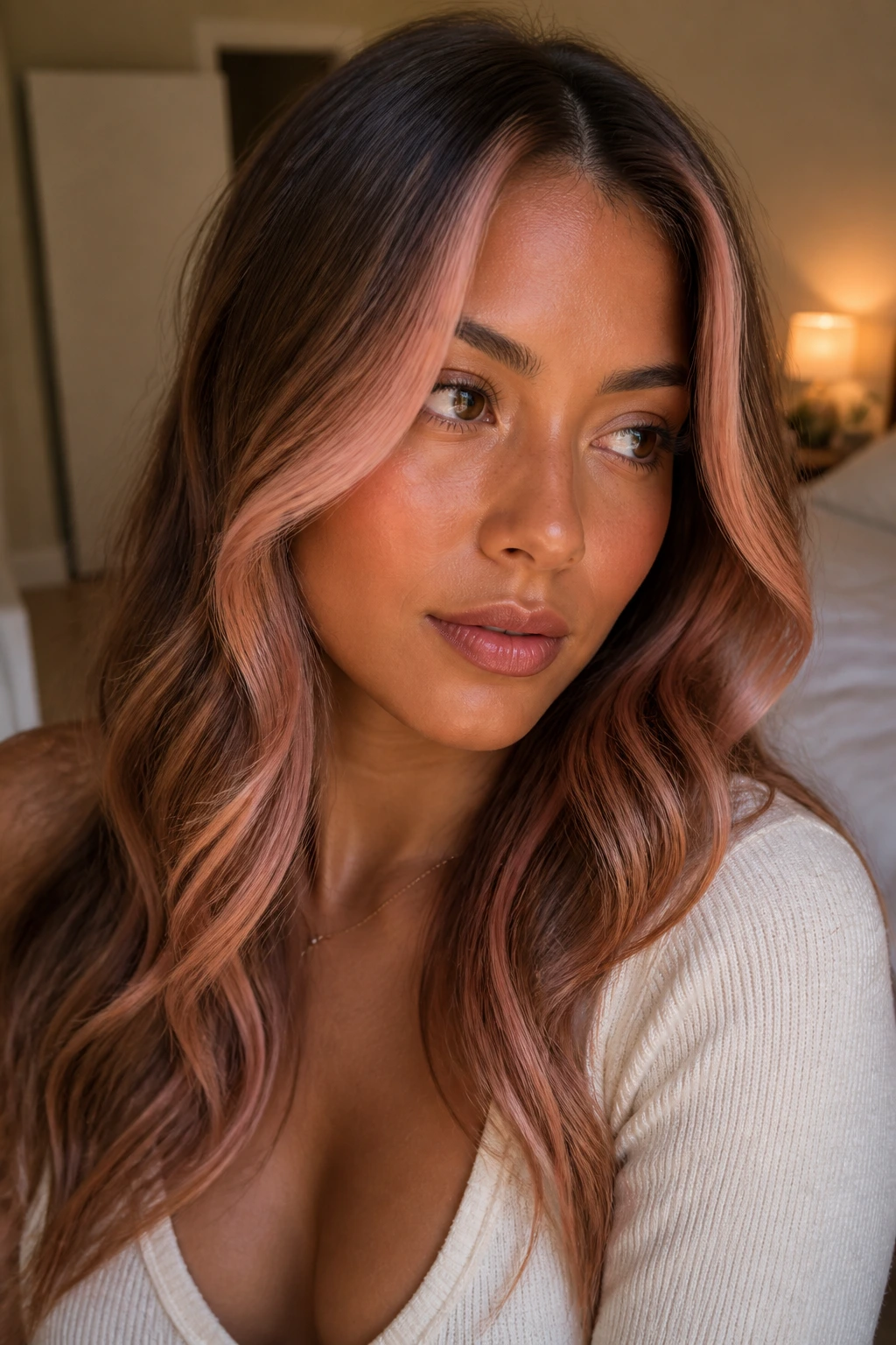 Real woman with rose-gold front veil hair framing her face.
