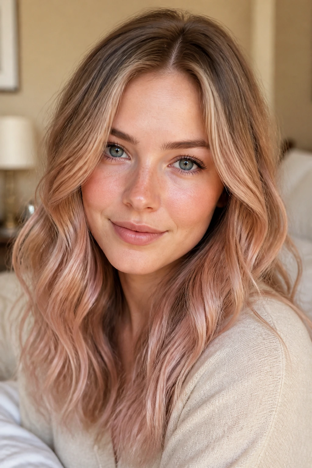 Close-up portrait of a real woman with rose-gold dusting at the ends, beige base, warm window light.