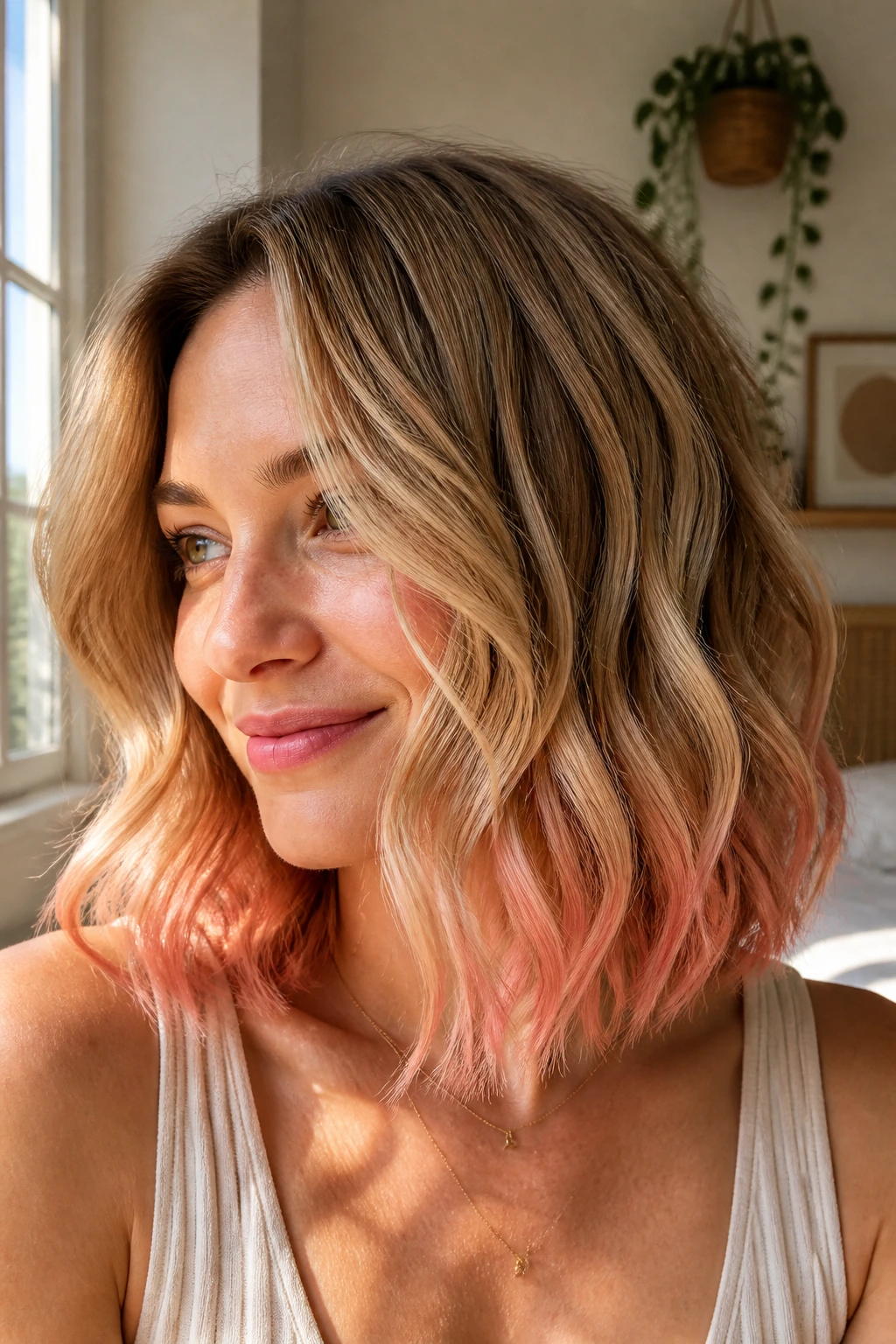 Close-up of a real person with a wavy sandy lob and rose gold ends.