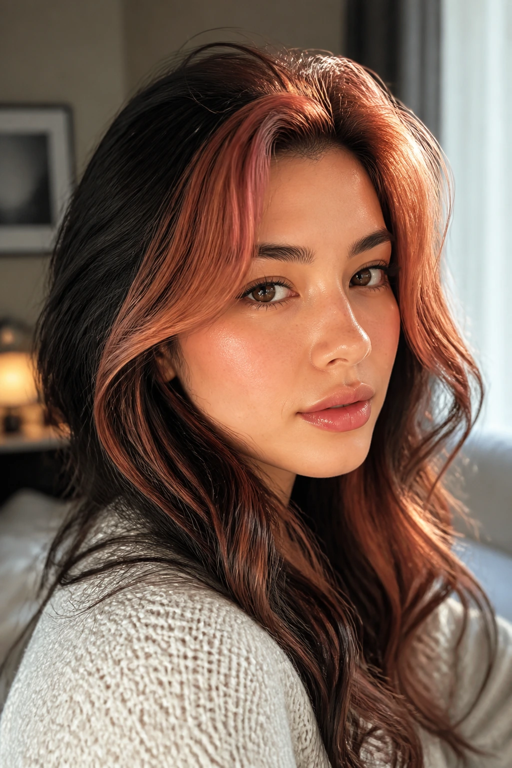Close-up portrait of a real woman with dark hair showing a rose-gold halo around the crown