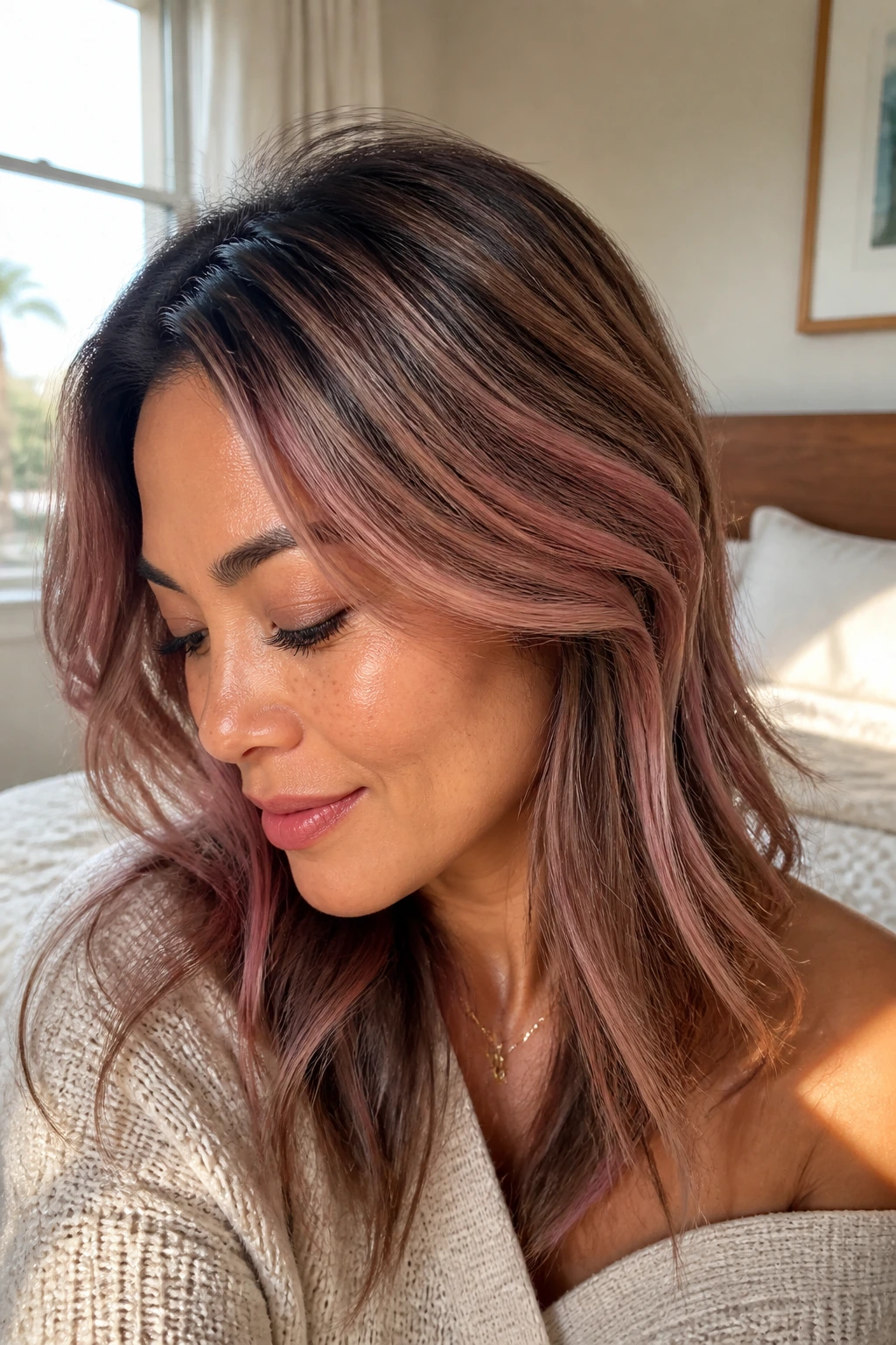 Close-up of rose gold veil highlights around the crown on fine hair with medium skin tone, soft sunlight