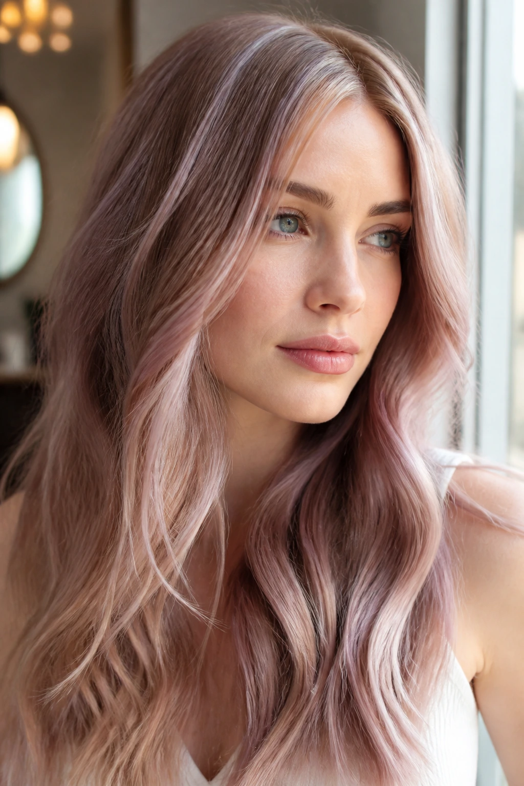 Close-up of a real person showing cool mauve rose gold and pearl highlights in hair