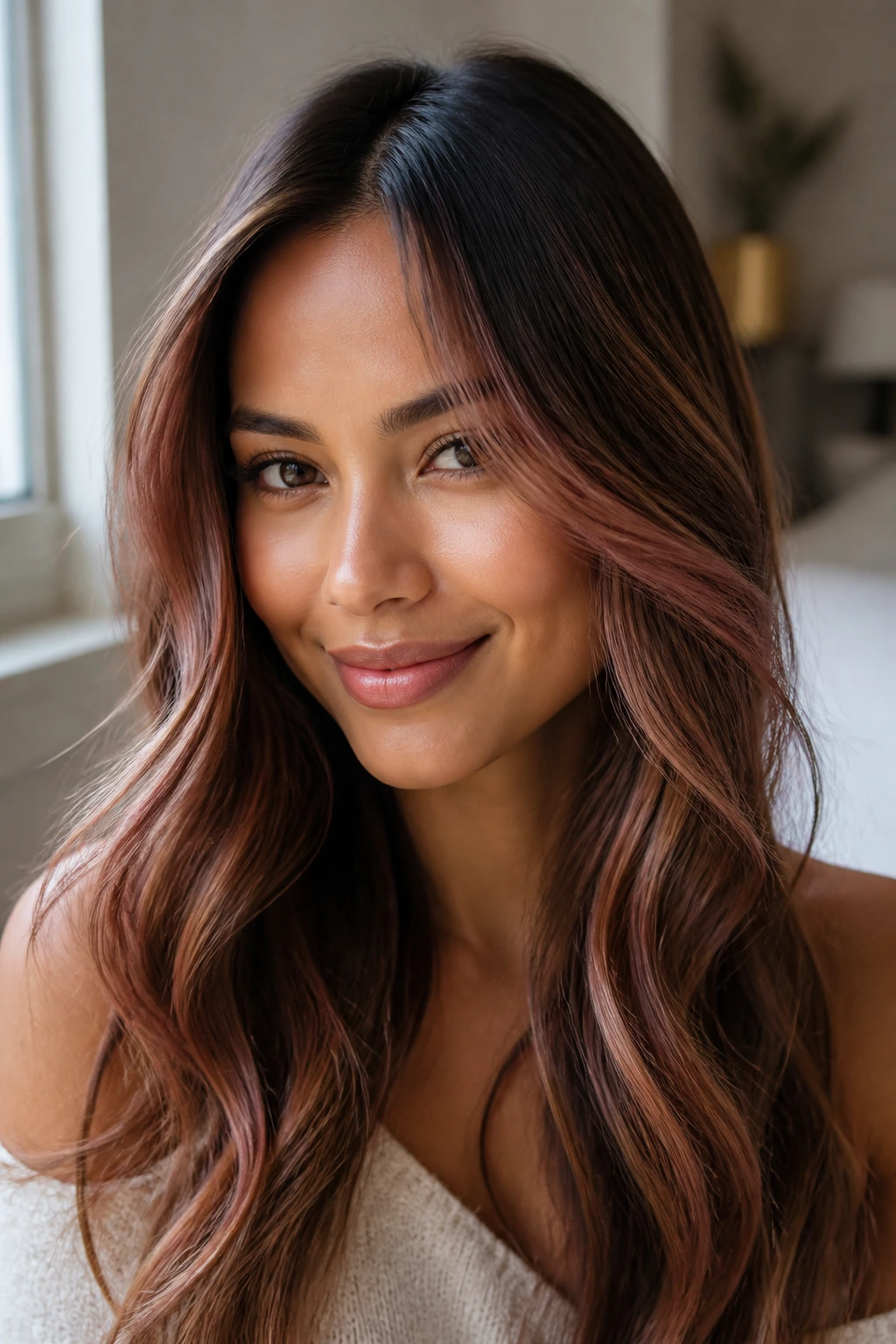 Close-up showing subtle rose gold wisps on warm brunette hair