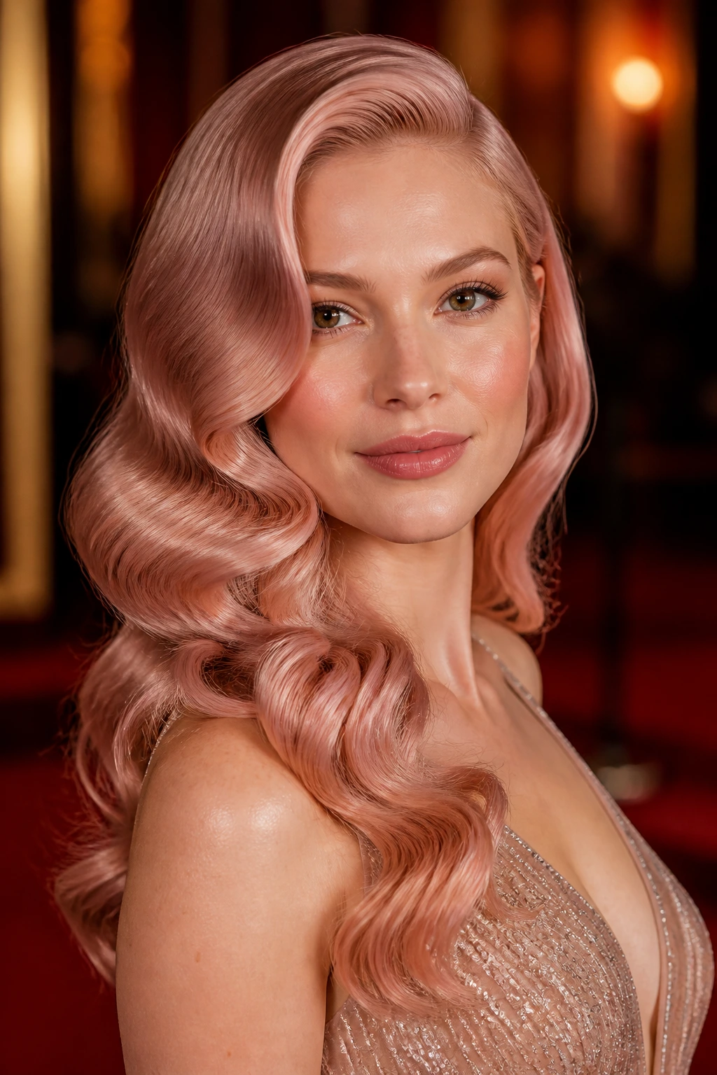 Close-up of a real woman with rose-gold Hollywood waves.