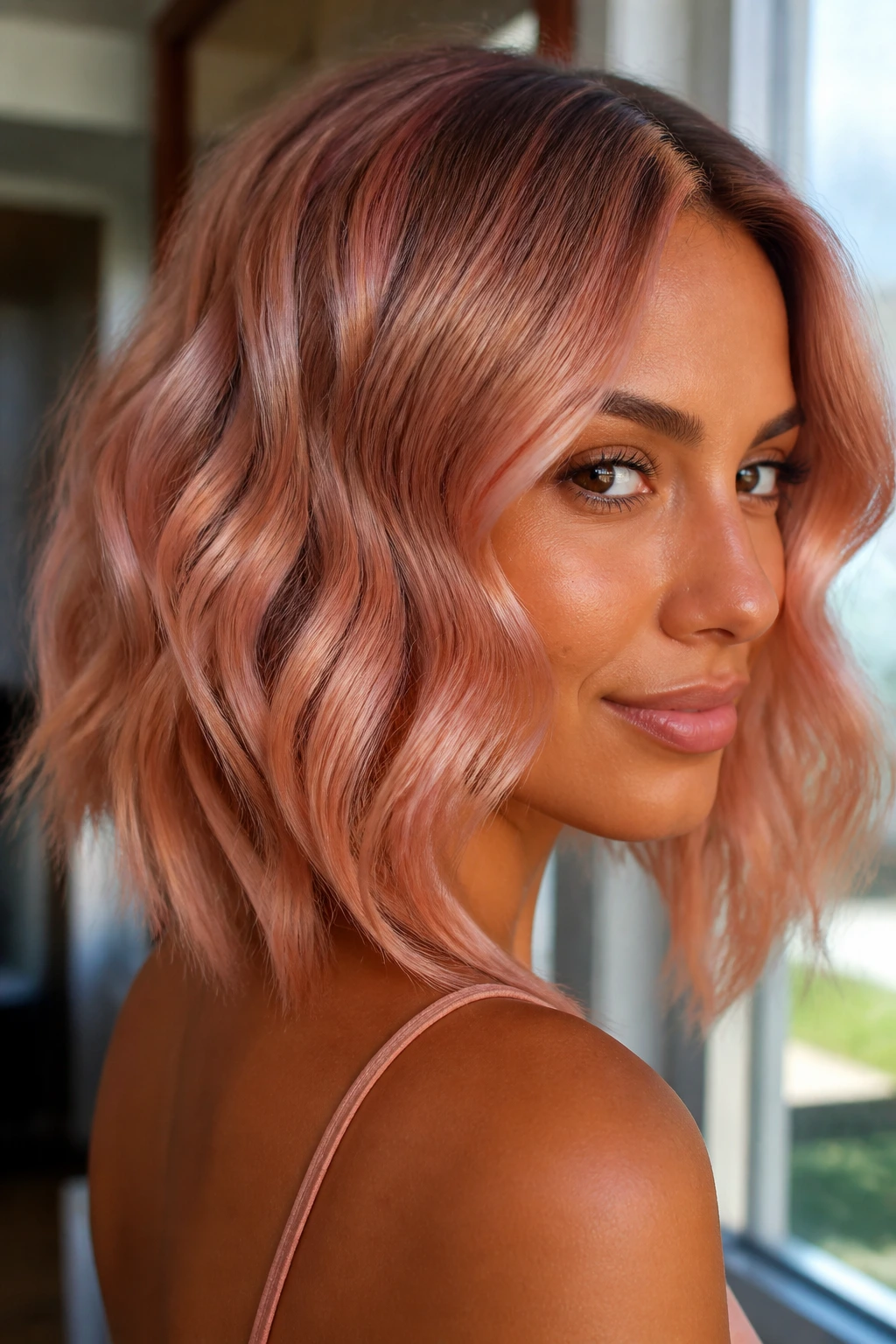 Close-up of a real woman with rose gold wavy lob under warm indoor light.