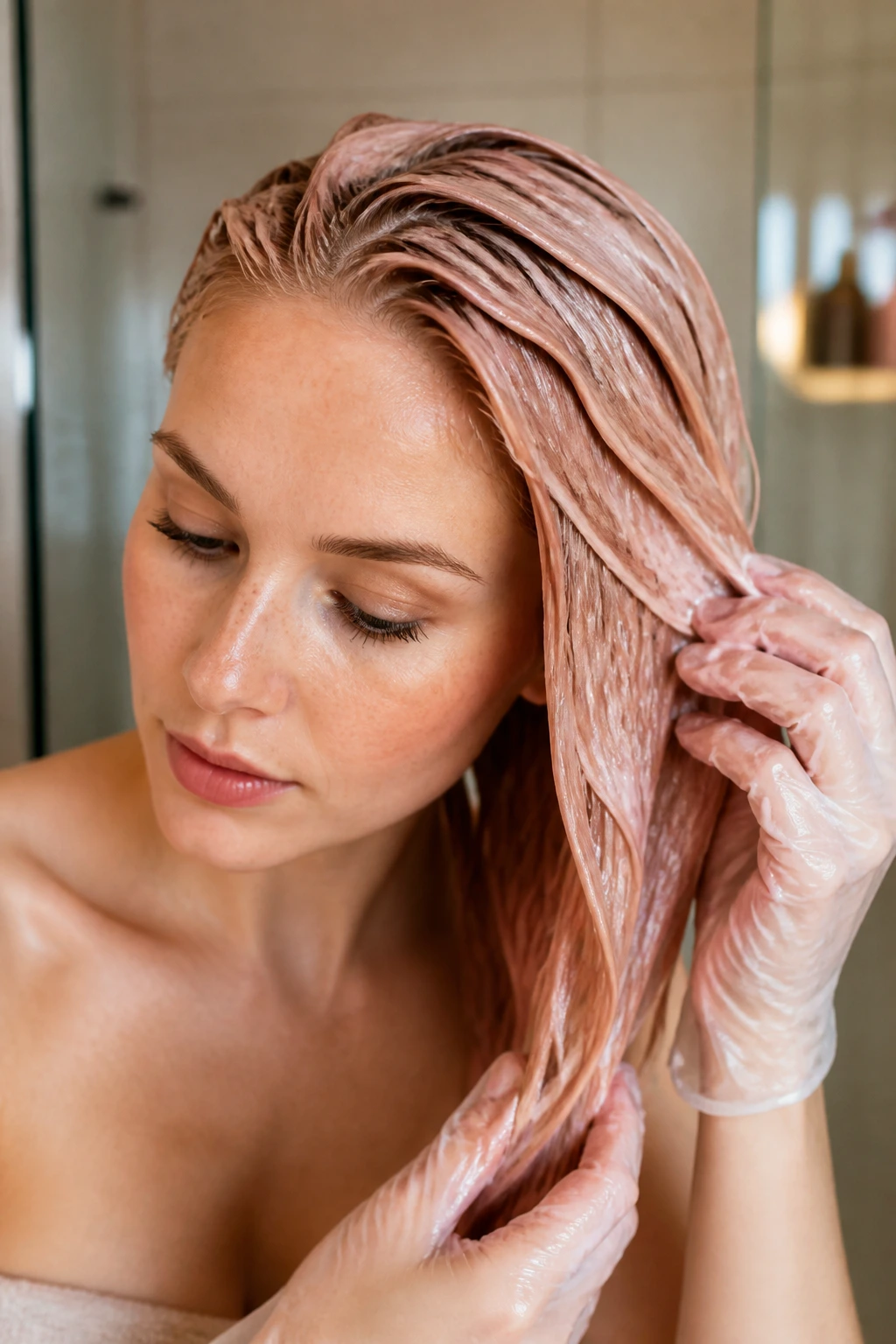 Portrait of a person with rose-gold hair and a color-depositing mask in a bathroom.