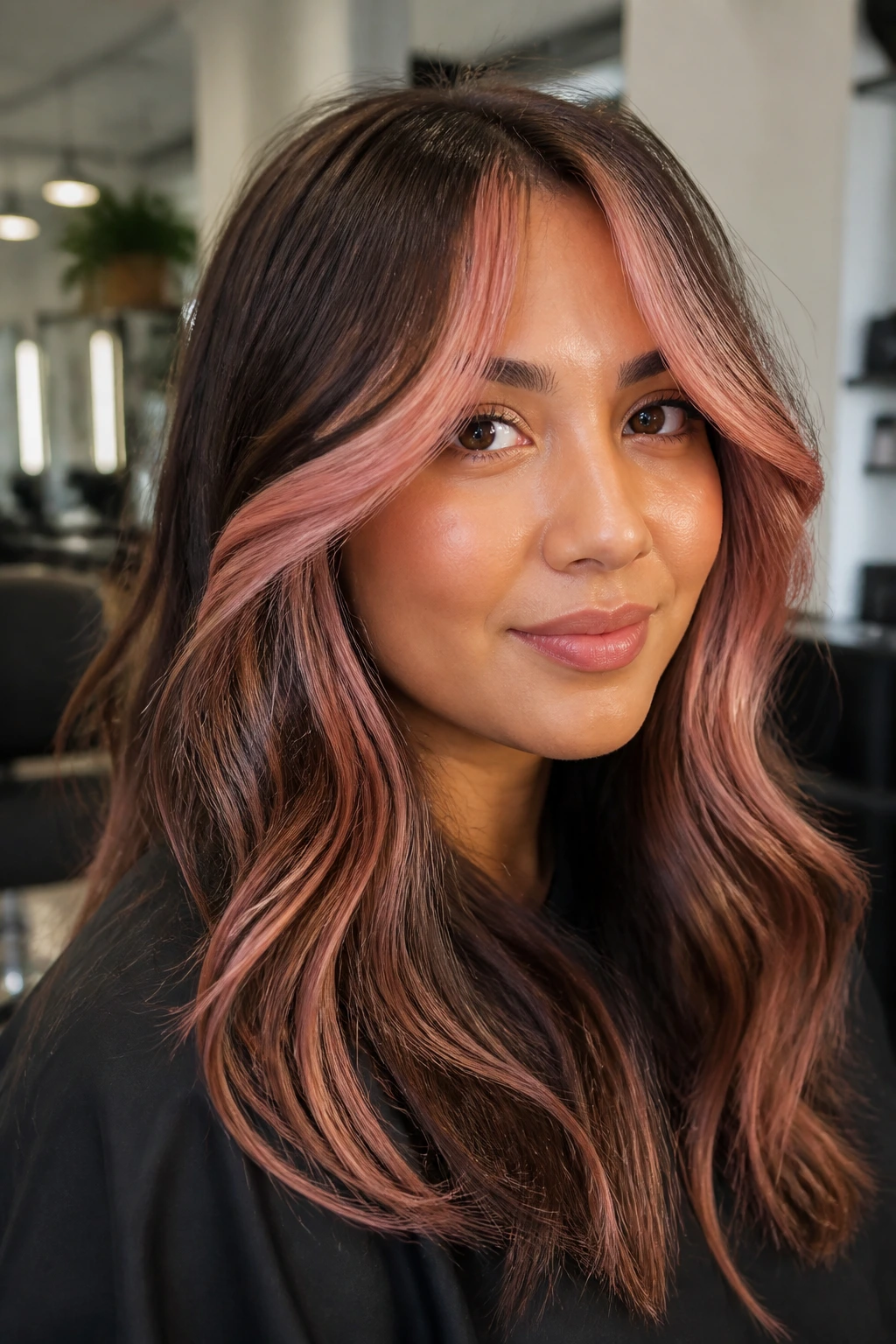 Close-up portrait of a woman with rose-gold money piece around the face in a salon setting