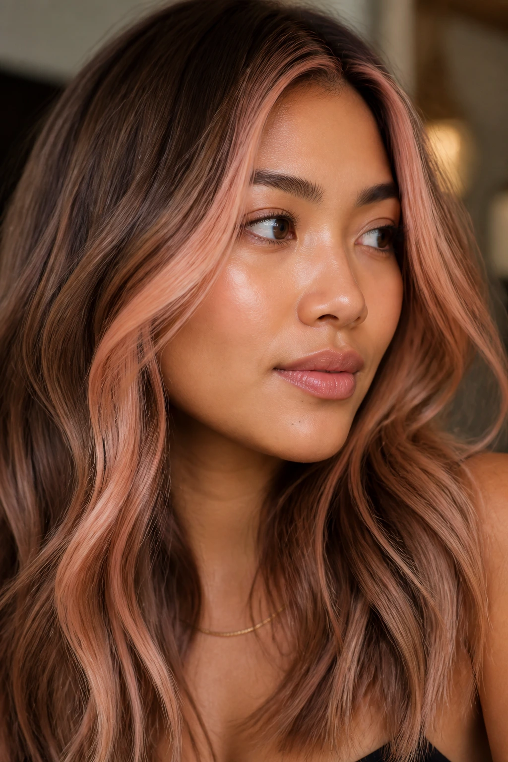 Close-up of rose-gold money pieces framing the face on tan skin